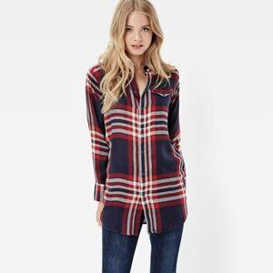 G-Star Raw Red Blue Tacomna Long Check Plaid Boyfriend Shirt NWT $150, Size XS